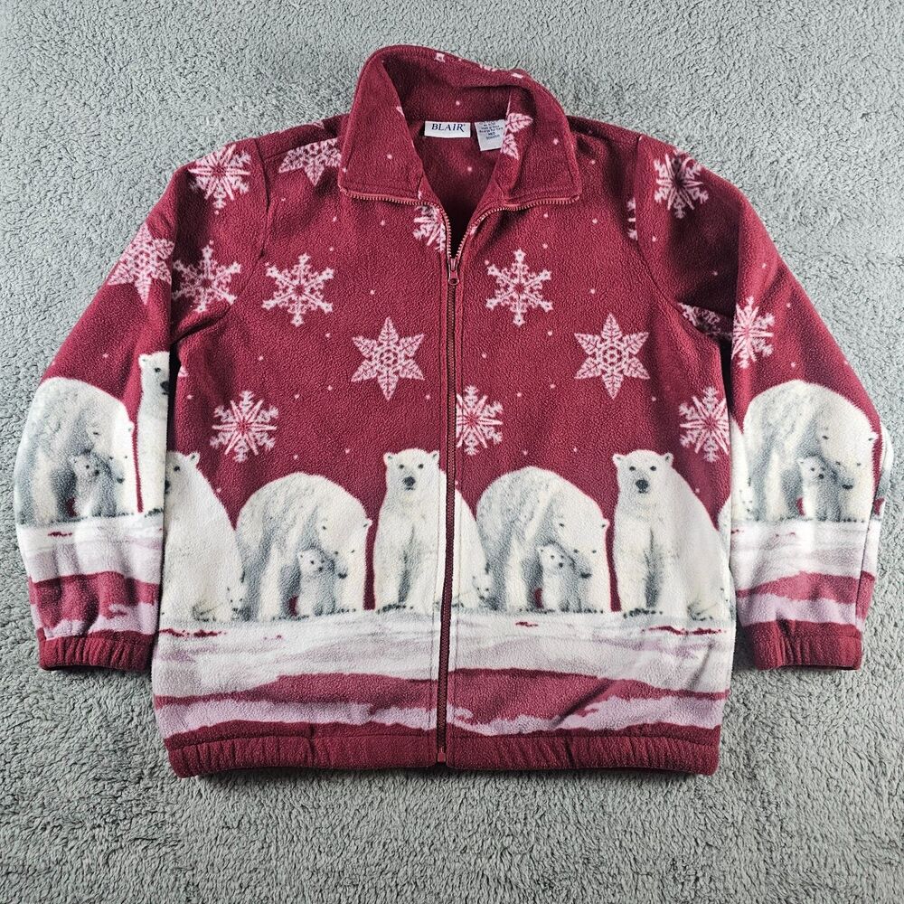 Blair Fleece Sweater Womans Medium Red Full Zip Pockets Polar Bear Snow Animal
